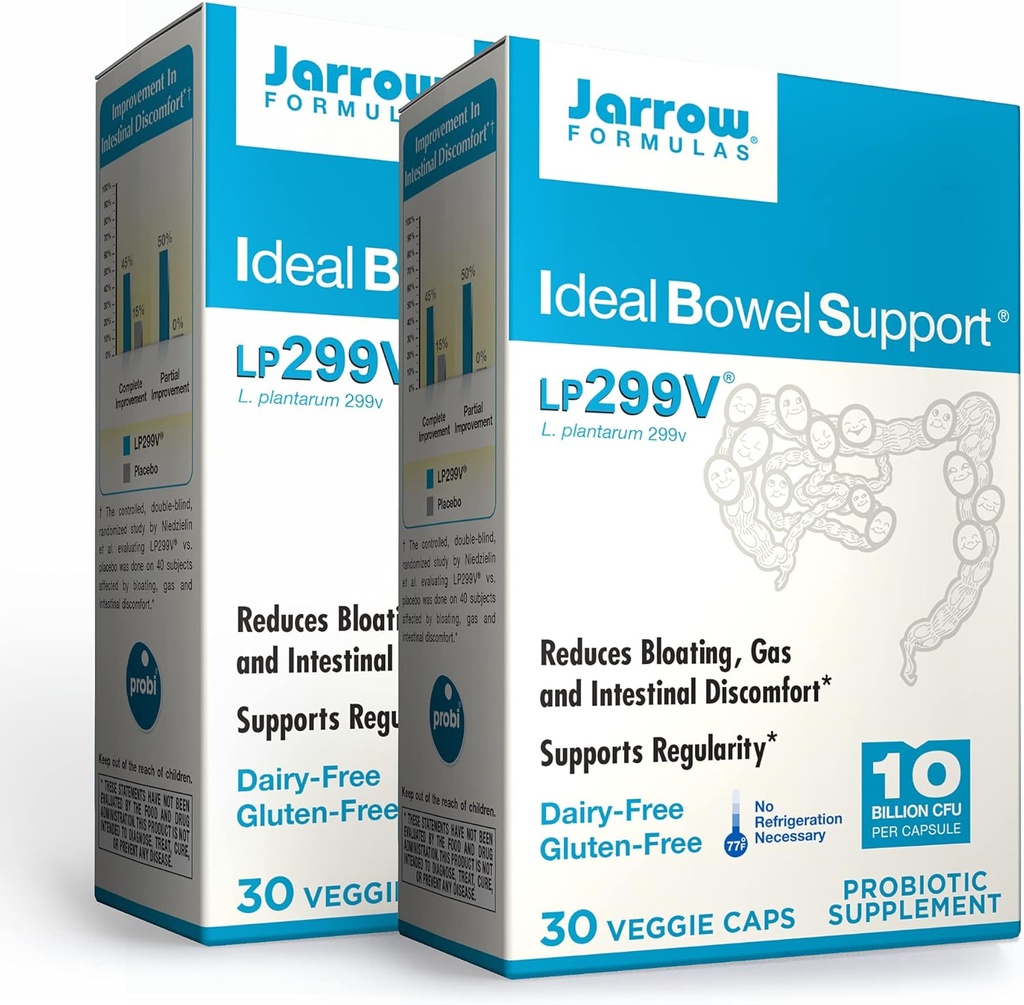 Jarrow Fórmulas Ideal Bowel Support - 10 millones de organismos por ser - 30 Veggie Caps, Pack of 2 - Bowel Support - Reduce Bloating?, Gas < Intestinal Discomfort - Hasta 60 Total Servings