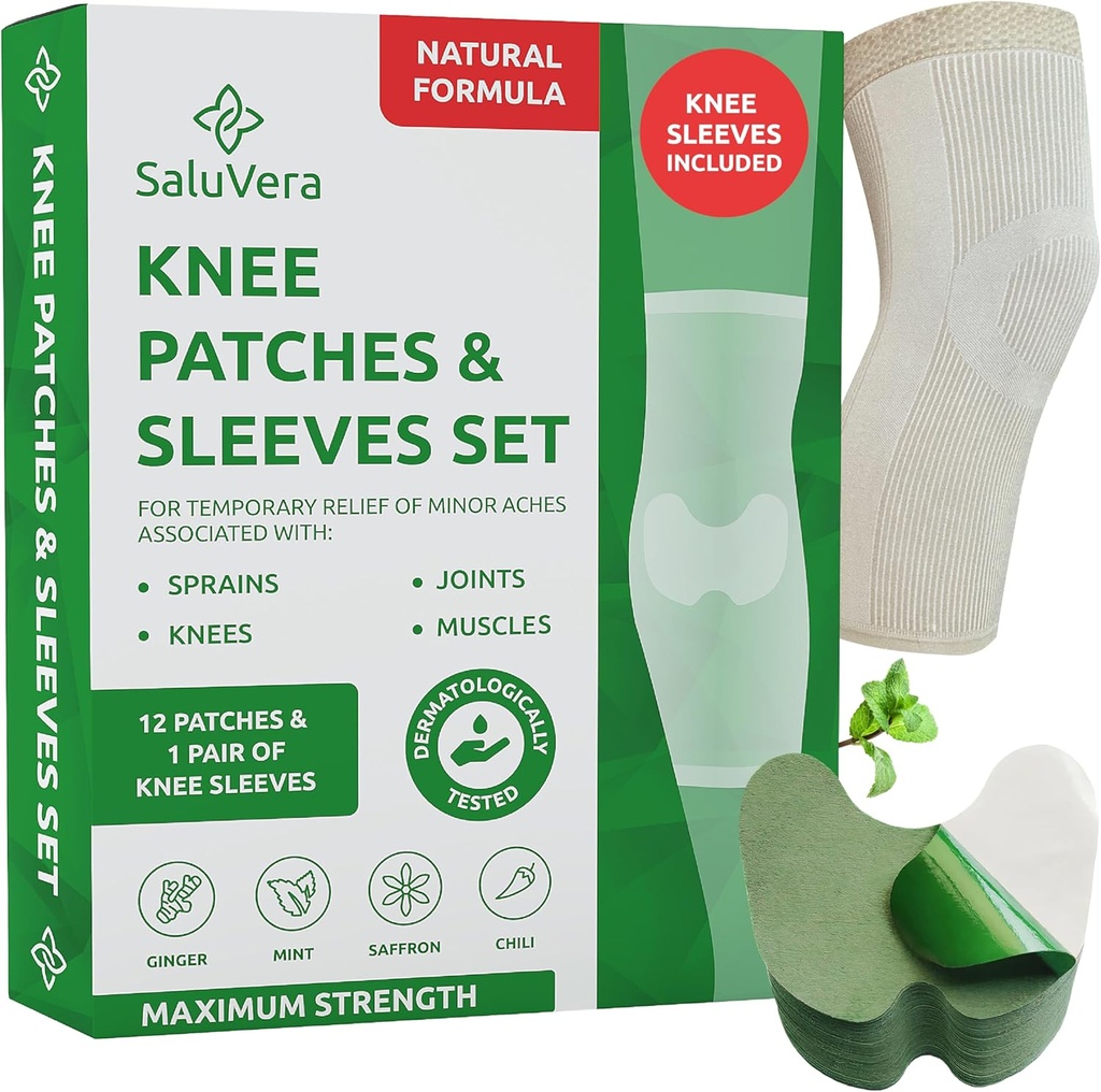Patches herbales calentadores con 2 mangas de compresión - Patches de alivio autoalimentado para hombres &amp; mujeres, ingredientes naturales para el soporte relajante (12 parche + 2 mangas de compresión)