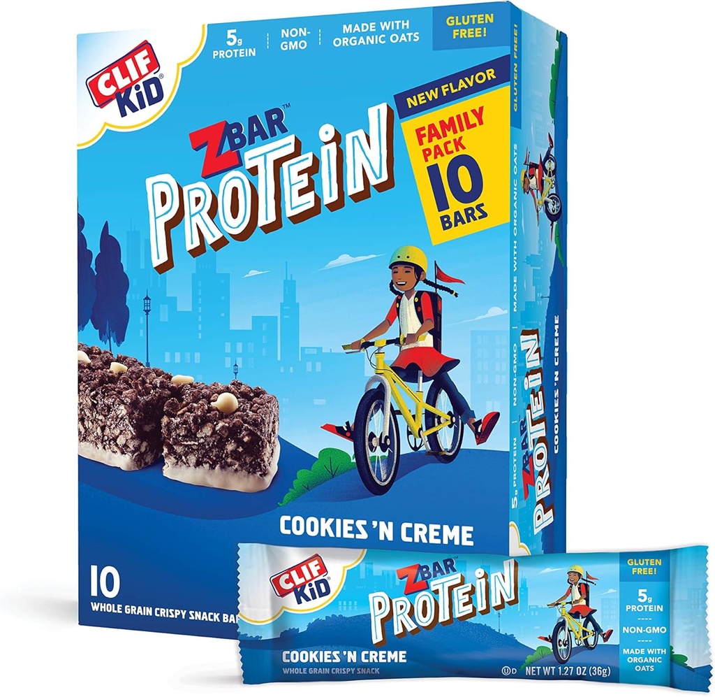 CLIF KID ZBAR - Protein Granola Bares - Cookies y Crema Flavor - Non-GMO - Organic -Lunch Box Snacks (1.27 Ounce Energy Bars, 10 Cuenta)
