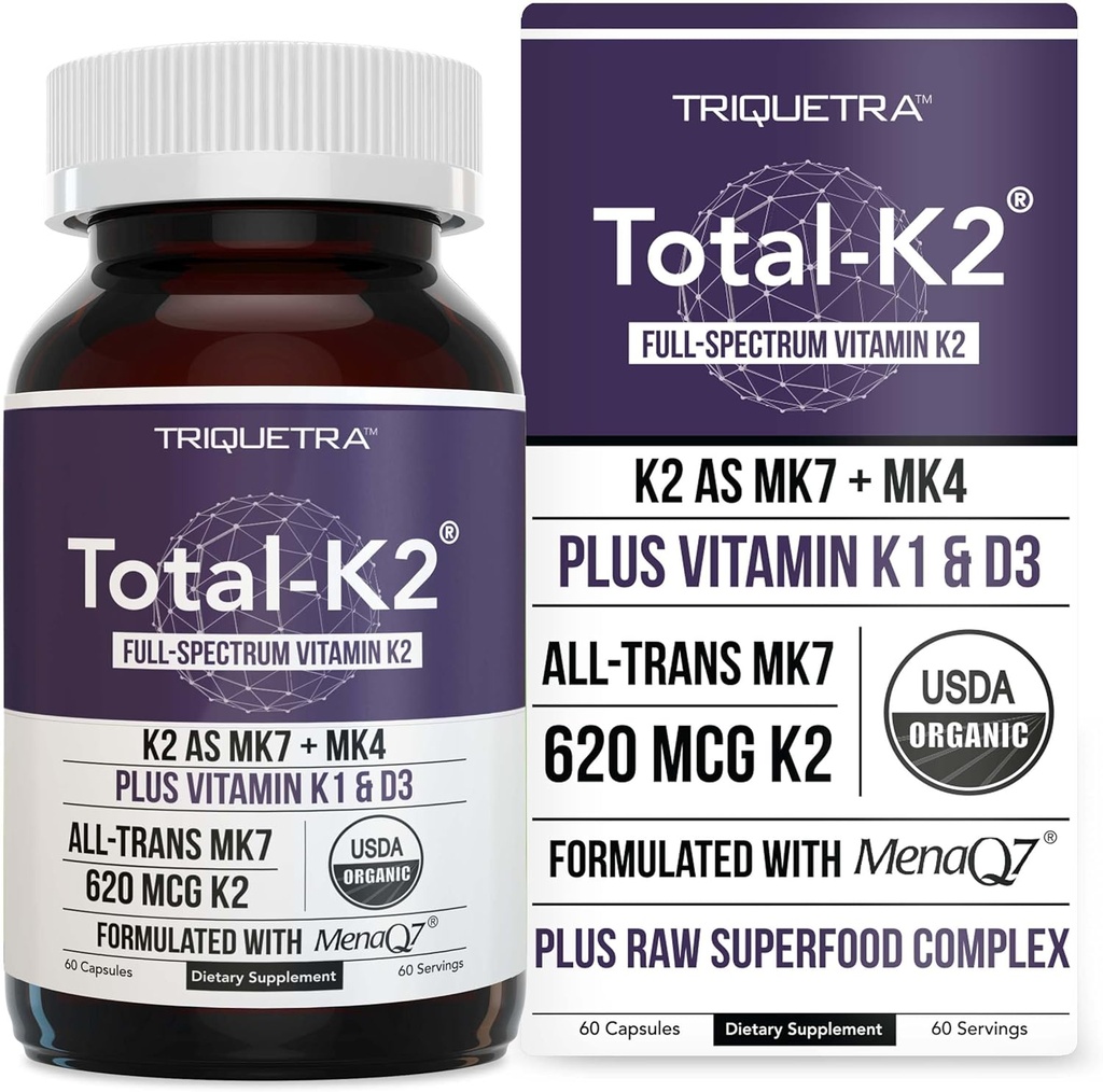Total K2® tención Vitamina K2 como MK7 &amp; MK4 tención Plus K1 & Vitamina D3 Cofactor - 620 mcg K2 por Serving - All-Trans MK7 de MenaQ7® - Full-Spectrum Vitamin K - Vegan, Certified Orgánico (60 cápsulas)