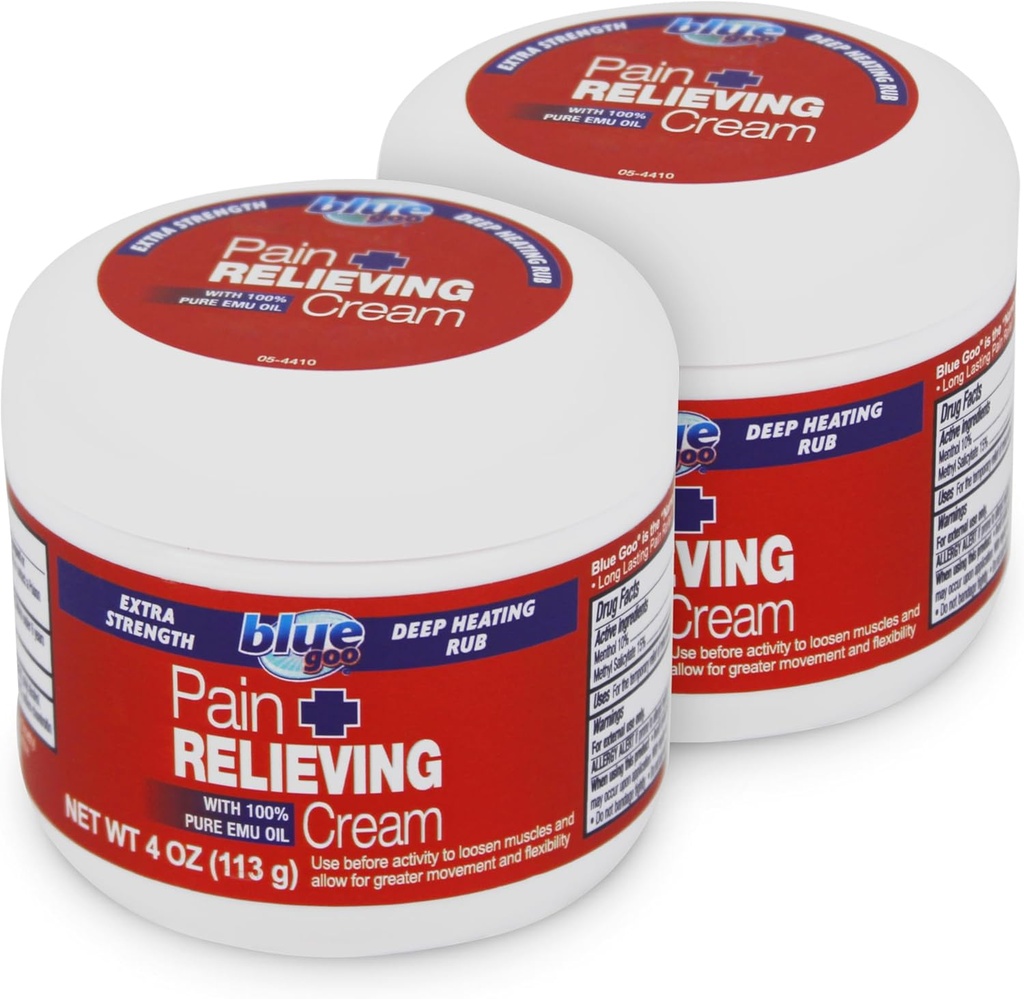 Blue Goo Maximum Strength Pain Relieving Cream - Deep Heating Rub for Back/Neck, Sports Muscle/Joint, Sprains, Bursitis, Strains - 2 Packs of 4 oz, Made with 100% Pure Emu Oil