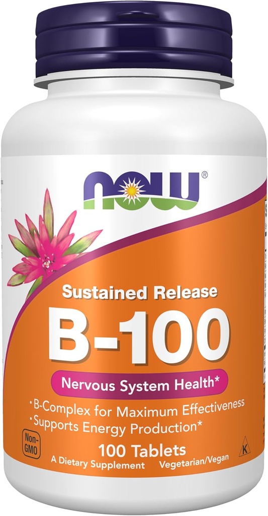 AHORA Suplementos de alimentos, vitamina B-100, liberación sostenida, producción energética*, salud del sistema nervioso*, 100 tabletas