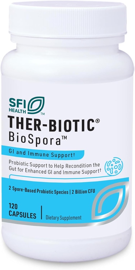 Klaire Labs SFI Health Biospora Probiotic - Bacillus Coagulans & Subtilis 2 Billion CFU for Digestive & Immune Support - Soil-Based, Shelf-Stable Spore Forming Probiotic for Men & Women (120 Capsules)