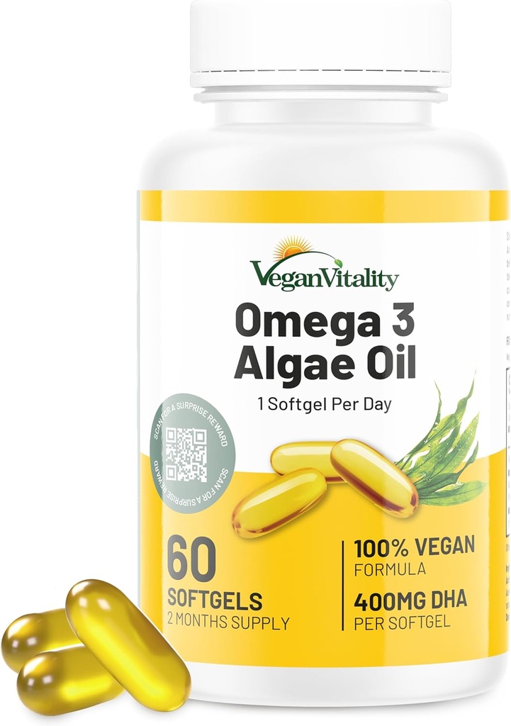 Vegan Vitality Vegan Omega 3 Suplemento - 60 Algas Plantas Aceite Soft Gels Ácidos grasos esenciales con DHA Vegan para soporte conjunto, corazón &amp; inmuno sin EPA