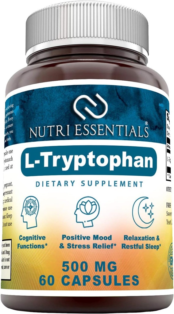 L-Tryptophan Dietary Supplement 500 mg 60 Capsules (Non-GMO) - Natural Sleep Aid Supplements with 500 mg of Free Form L Tryptophan - Circulation & Immune Support*