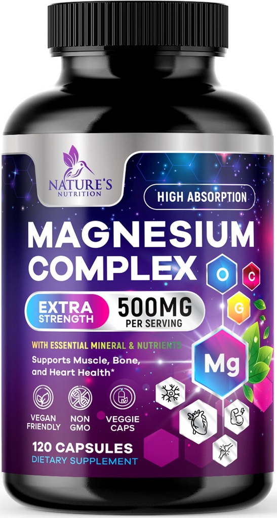 Suplemento Complejo de Magnesio 500 mg - 5 en 1 Gran Absorción Magnesio Chelated Glycinate, Malate, Citrate, Oxide, Aquamin - No GMO Magnesio Capsules, Bone Muscle & Heart Health Support, 120 cápsulas