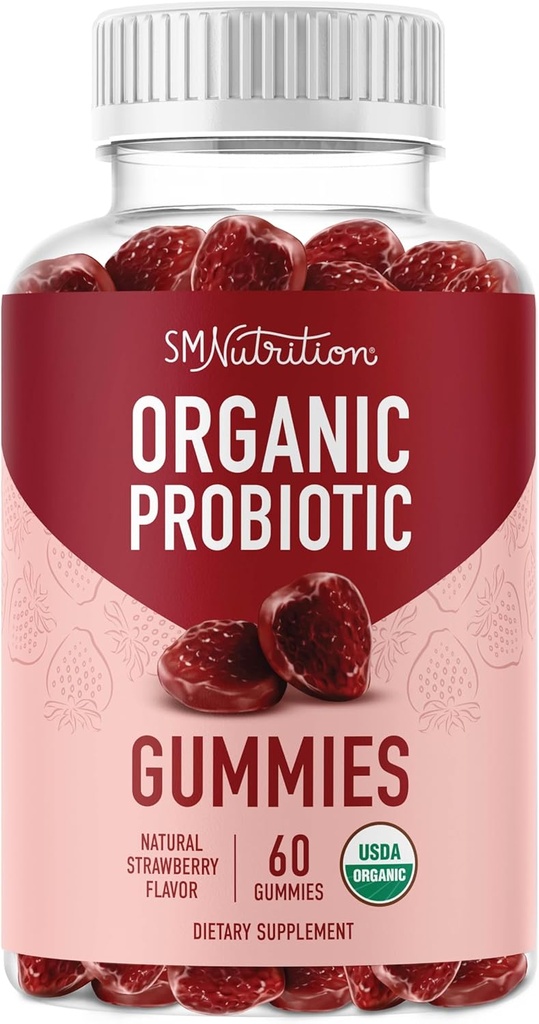 Organic Probiotics Gummies | 5 Billion CFU Probiotics for Digestive Health & Immune Support | Hardy Bacillus Subtilis | Strawberry Gummies | Shelf Stable, Gluten-Free, Vegan | 60 Ct. (1 Month Supply)