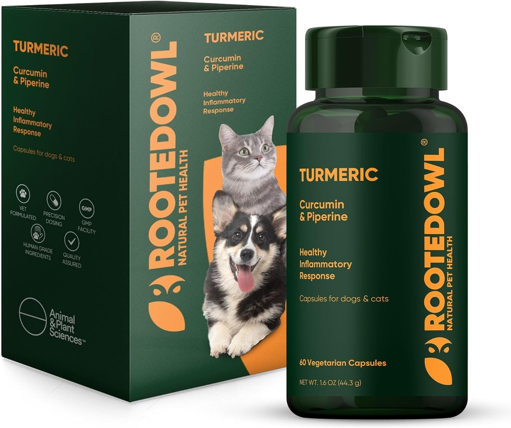 Rooted Owl Turmeric - Turmeric Supplement for Dogs and Cats - with Curcumin, Piperine and Vitamin C for Anti-Inflammatory Relief - 60/ct
