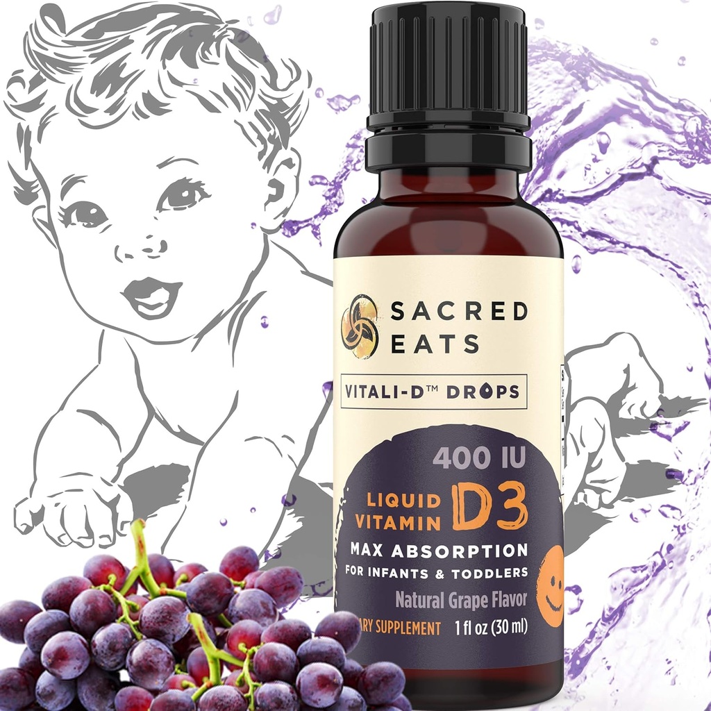 Vitamina D gotas para bebés - 400 UI por gota, natural &amp; azúcar libre en aceite MCT para la mejor absorción. 880 Serviciones. Fácil de tomar Líquido D3 Suplemento para bebés &amp; niños pequeños (Grape)