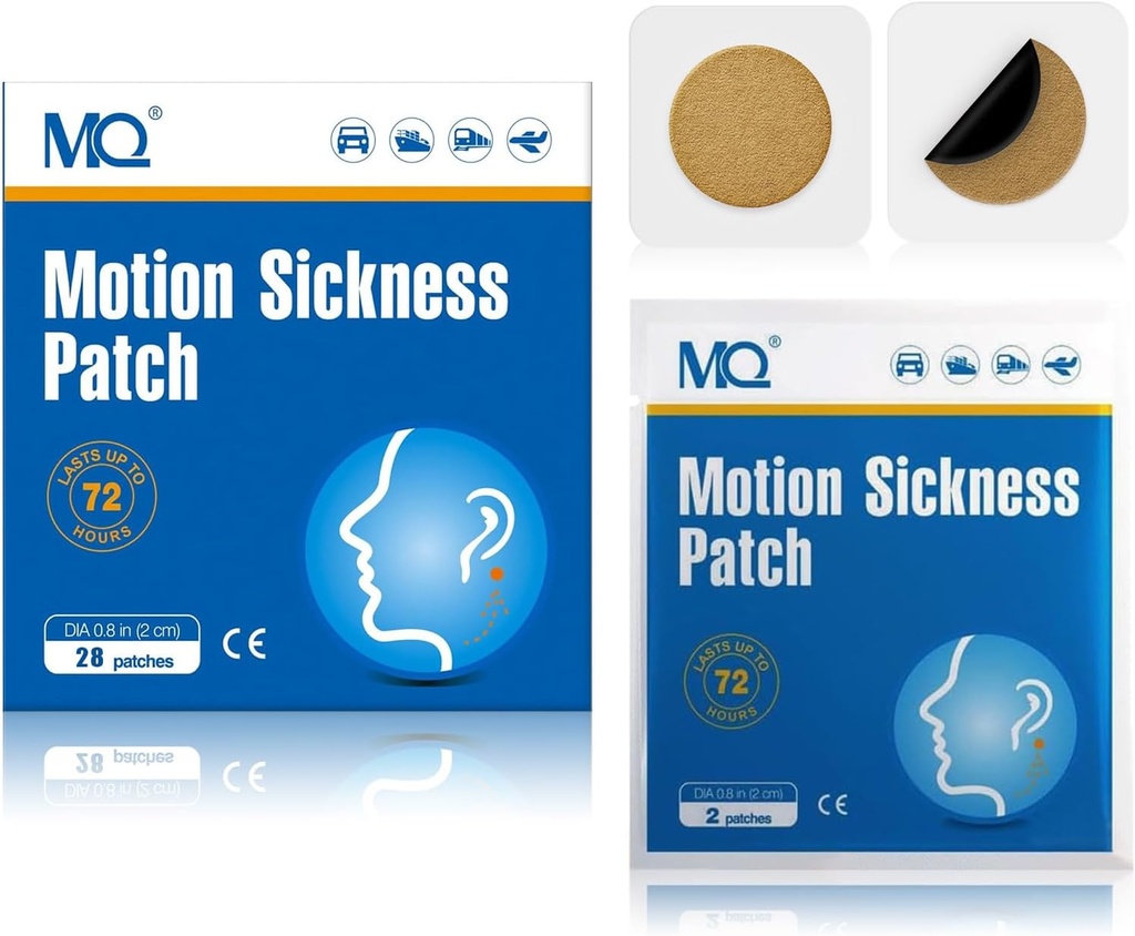 MQ 28ct Motion Sickness Patches Non Drowsy, Sea Sickness Patches for Cruise Travel Essentials, Waterproof Patch Behind Ear for Car Airplane Altitude Sickness, Long Last 72H