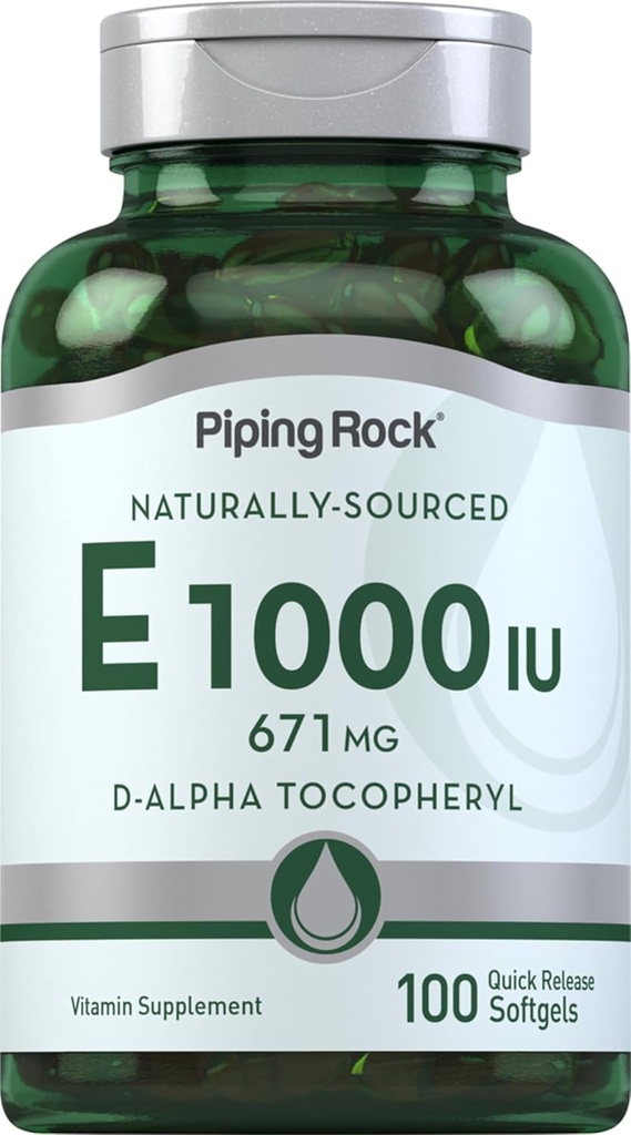 Piping Rock Vitamina E 1000 U Softgel Capsules Silencio 671mg Silencio 100 Píldoras Silencio D-Alpha Tocopheryl Suplemento Silencio No GMO, Gluten Free