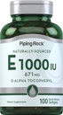 Piping Rock Vitamina E 1000 U Softgel Capsules Silencio 671mg Silencio 100 Píldoras Silencio D-Alpha Tocopheryl Suplemento Silencio No GMO, Gluten Free