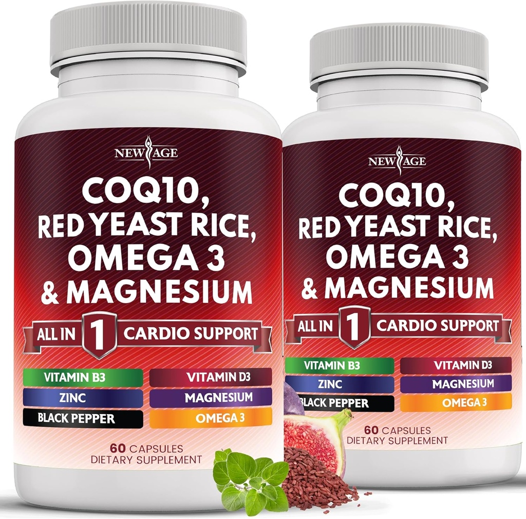 NEW AGE COQ10 200mg Red Yeast Rice 3000mg Omega 3-6-9 3000mg Magnesium Complex 500mg Zinc Vitamin K2 D3 - Vitaminas para Mujeres y Hombres con Vitamina B3, Coenzyme Q10-120 Conteo