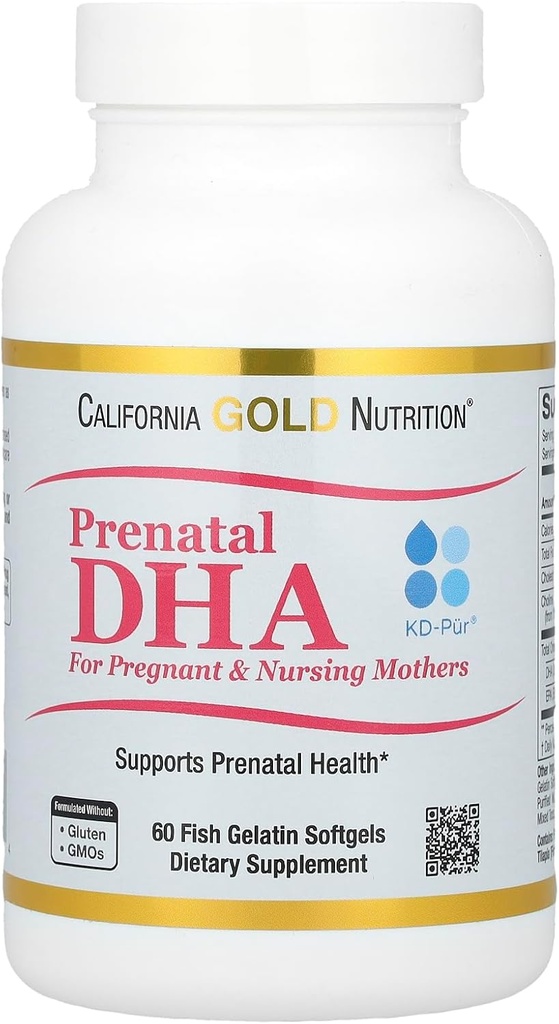 California Gold Nutrition Prenatal DHA, Omega-3 Fatty Acids DHA y EPA Plus Choline for Pregnant and Nursing Mothers, 900 mg, 60 Fish Gelatin Softgels (450 mg por Softgel)