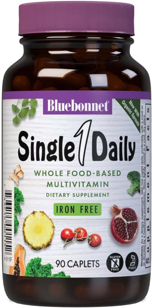 Bluebonnet Super Earth Single Daily Multi-Nutrient Fórmula Iron Free Caplets, Green, 90 Count