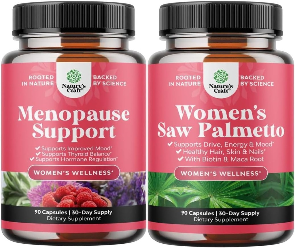 Bundle of Menopause Supplement for Hot Flashes with Dong Quai Vitex Chaste Berry " Black Cohosh " Extra Strength Saw Palmetto for Women 500mg - DHT Blocker Hair Loss Suplemento con Maca Root " Biotin