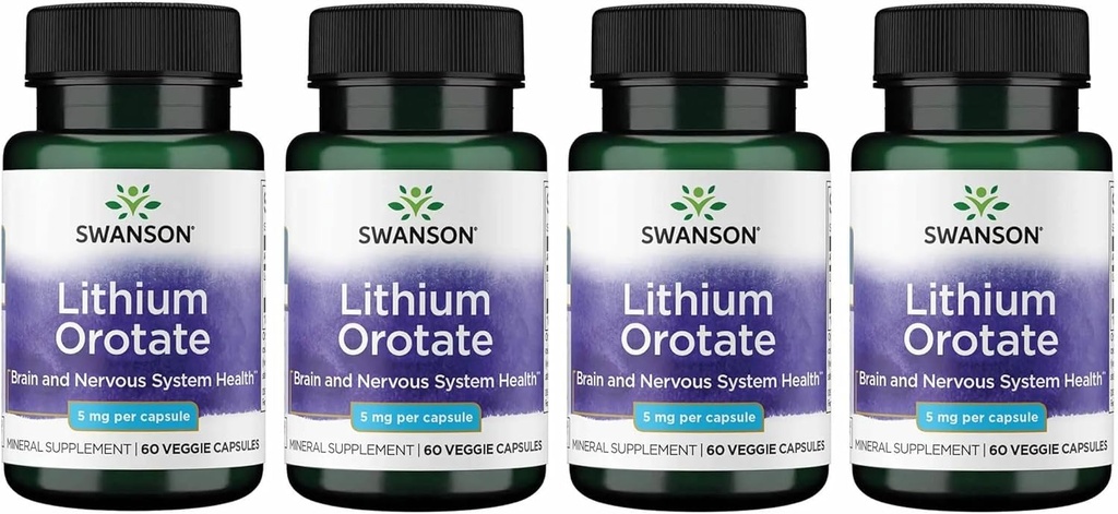 Swanson Lithium Orotate Antioxidant Mood Emotional Wellness Behavior Memory Support Suplemento 5 mg 60 Veggie Capsules (Elemental Lithium) 4 Pack