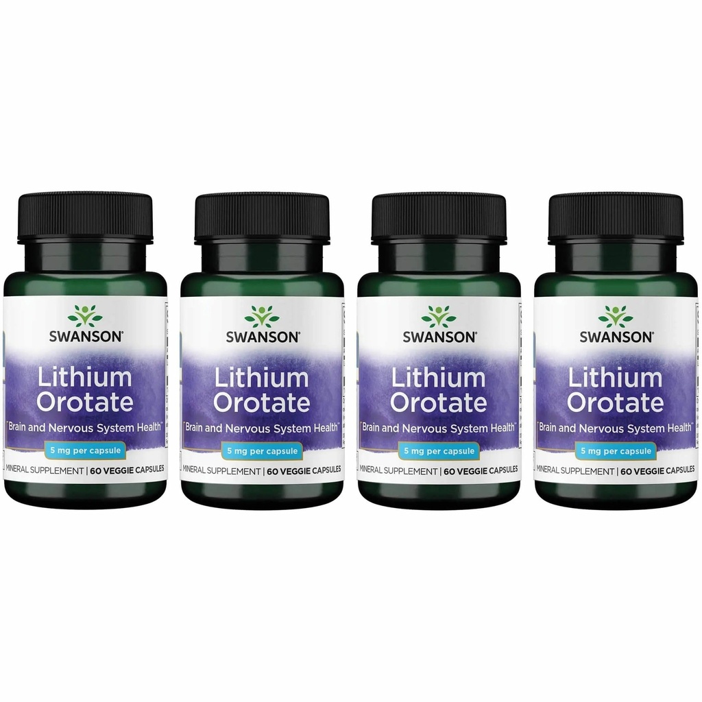 Swanson Lithium Orotate Antioxidant Mood Emotional Wellness Behavior Memory Support Suplemento 5 mg 60 Veggie Capsules (Elemental Lithium) 4 Pack