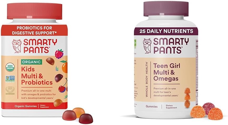 SmartyPants Organic Kids Multivitamin Gummies: Probióticos, Omega 3 (ALA) &amp; Adolescentes Girl Multivitamin Gummies: Omega 3 Fish Oil (EPA/DHA), Vitamina D3, C, Vitamina B12, B6