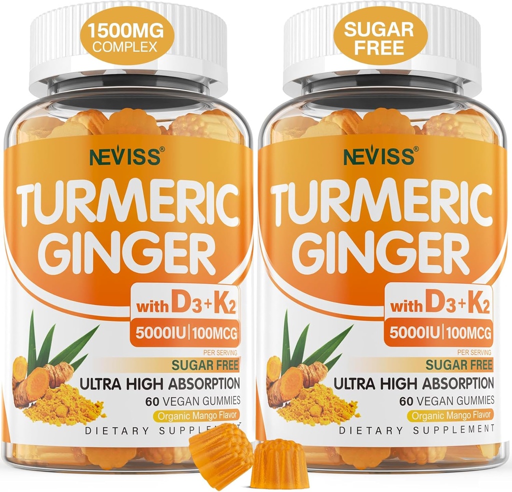 Gaviotas de jengibre con 5000 UI Vitamina D3 &amp; K2 (MK7), C - Suplemento Turmérico Vegan Gummies para adultos 1500mg con pimienta negra, soportes de hueso, inmune &amp; salud digestiva - 120 Cts