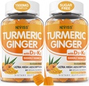 Sugar Free Turmeric Ginger Gummies with 5000 IU Vitamin D3 & K2 (MK7), C - Vegan Turmeric Supplement Gummies for Adults 1500mg with Black Pepper, Supports Bone, Immune & Digestive Health - 120 Cts