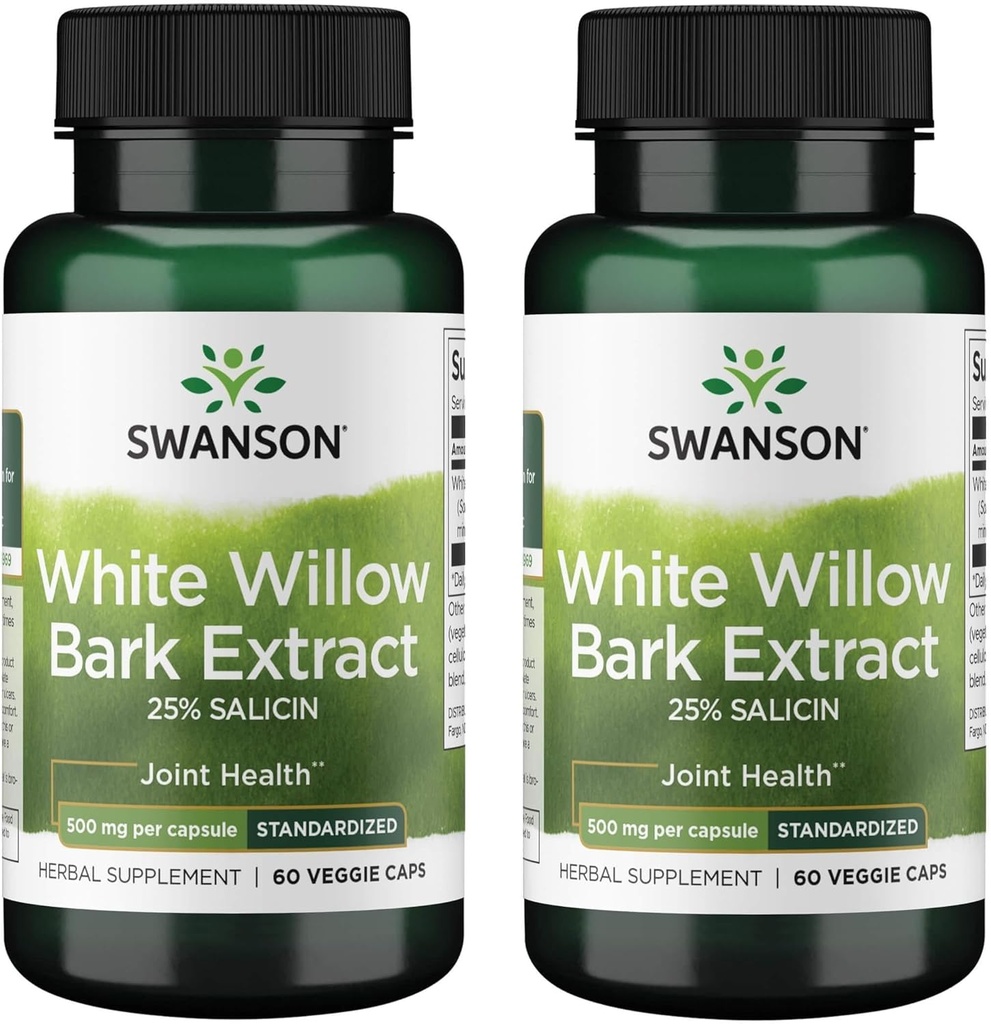 Swanson Maximum Strength White Willow Bark Extract-Promotes Joint Support & Muscle Relief-Standardized to 25% Salicin-Natural Supplement with No Stomach Irritation (60 Veggie Caps, 500mg Cada) 2 Pack