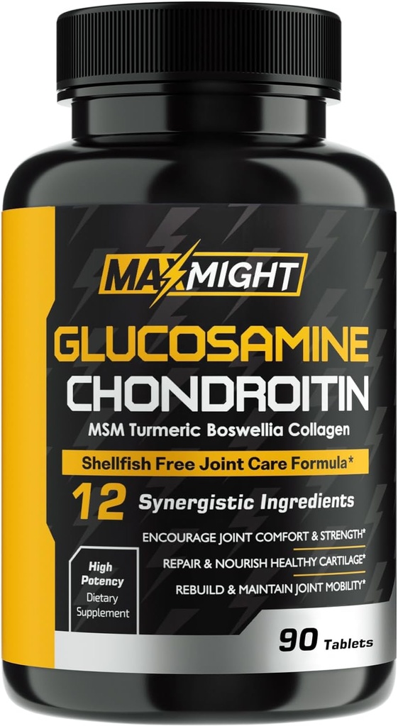 Glucosamine Chondroitin MSM Turmeric, Boswellia, 12-in-1, Joint Comfort, Mobility, Lubrication &amp; Strength for Men Women ' Senior, 90 Tab, No Shellfish