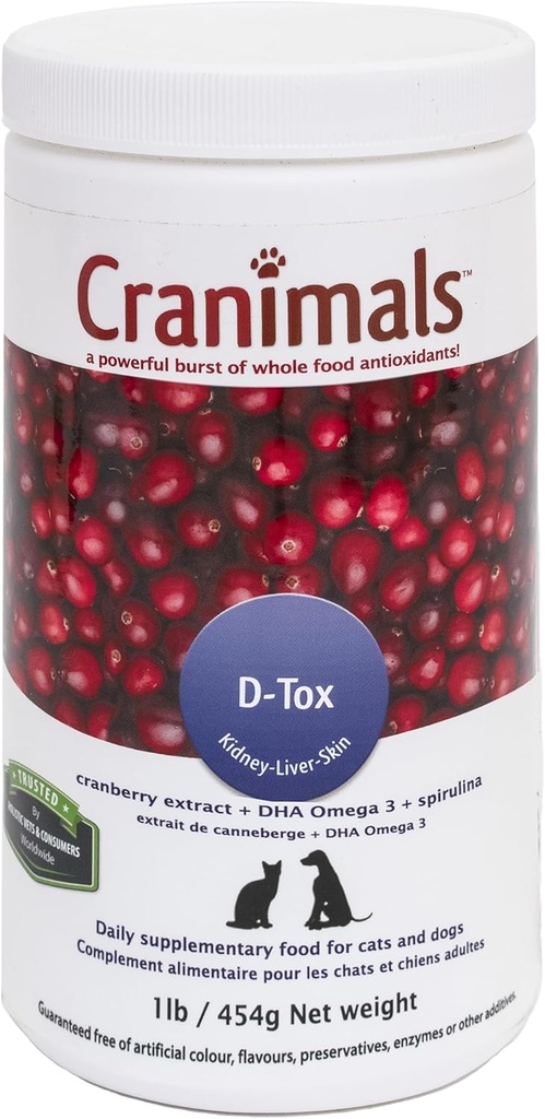 Cranimals D-Tox Daily Multivitamin for Dogs, Superfood Amino Acids, Antioxidantes, DHA Fatty Acids, Vitaminas E, B, D, Biotin, Minerals to Support Metabolic Function, Energy, Pet Wellness, Longevity
