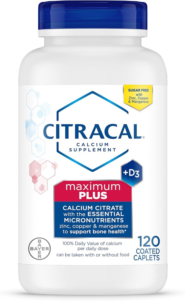 Citracal Maximum Plus, 650 mg Citrato de Calcio, fácilmente absorbido y altamente soluble con 25 mcg (1000 UI) Vitamina D3, Soporte de Bone Health, Suplemento de Calcio para Edades 12+, 120 Conde (Paquete Mayo Vary)