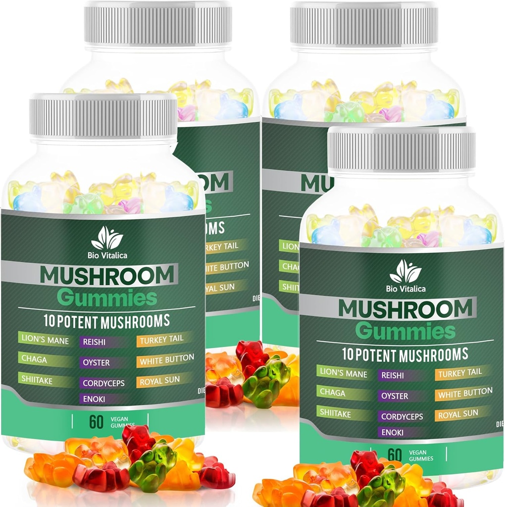 BIO VITALICA Mushroom Gummies – 10 Mushroom Complex with Lion’s Mane, Reishi, Chaga, Cordyceps &amp; More – Fruity Vegan Gummies – Non-GMO, Gluten-Free, Plant-Based – 4 Packs