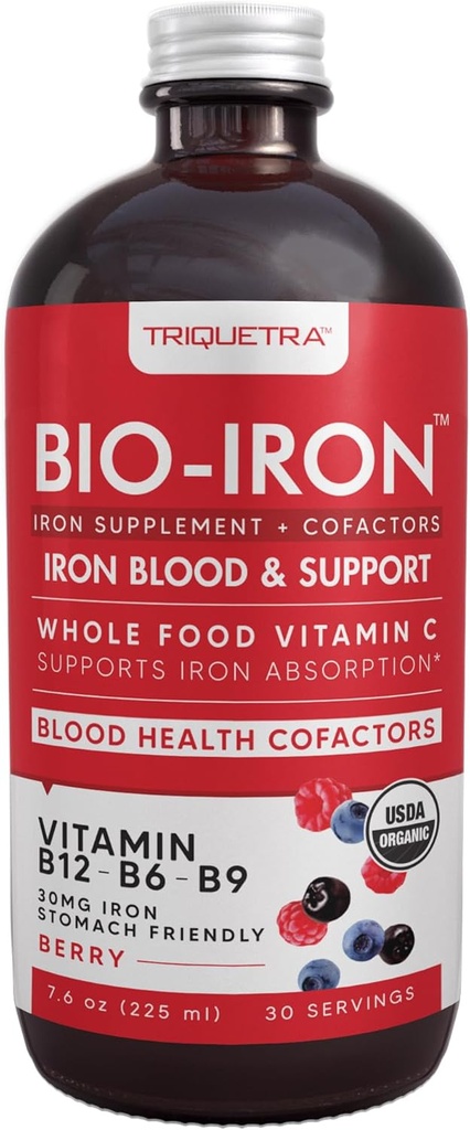 Suplemento de hierro líquido Silencioso Certificado orgánico, Sabor de Berry - Absorción de vitamina C de alimentos enteros " Vitaminas de construcción de sangre B - Metil B12, L-Methylfolate " B6 - Apoyos Niveles de hierro saludables - 7.6 oz