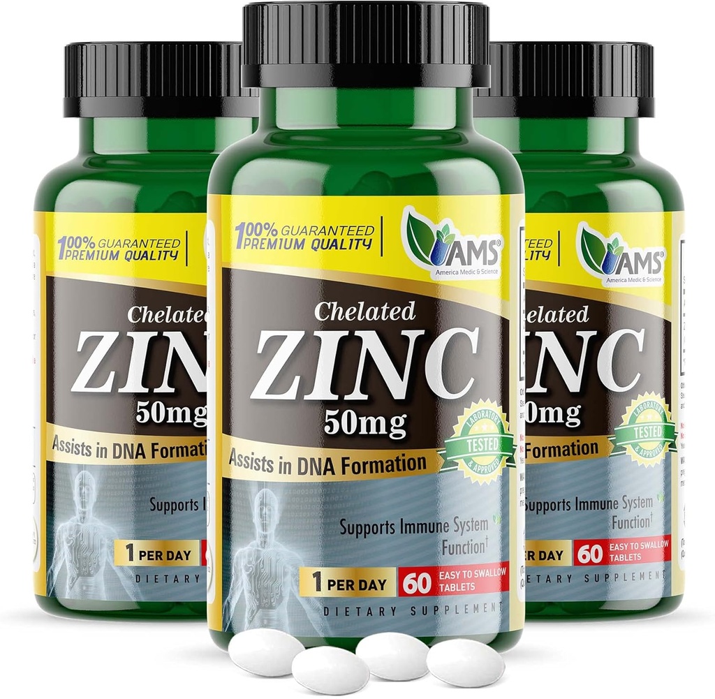 America Medic &amp; Science Chelated Zinc 50 mg Suplementos (3 Pack of 60 Tablets) Booster inmunitario y potentes píldoras antioxidantes para adultos Hombres y mujeres que viven altamente insoportables minerales, mejora el humor &amp; sueño