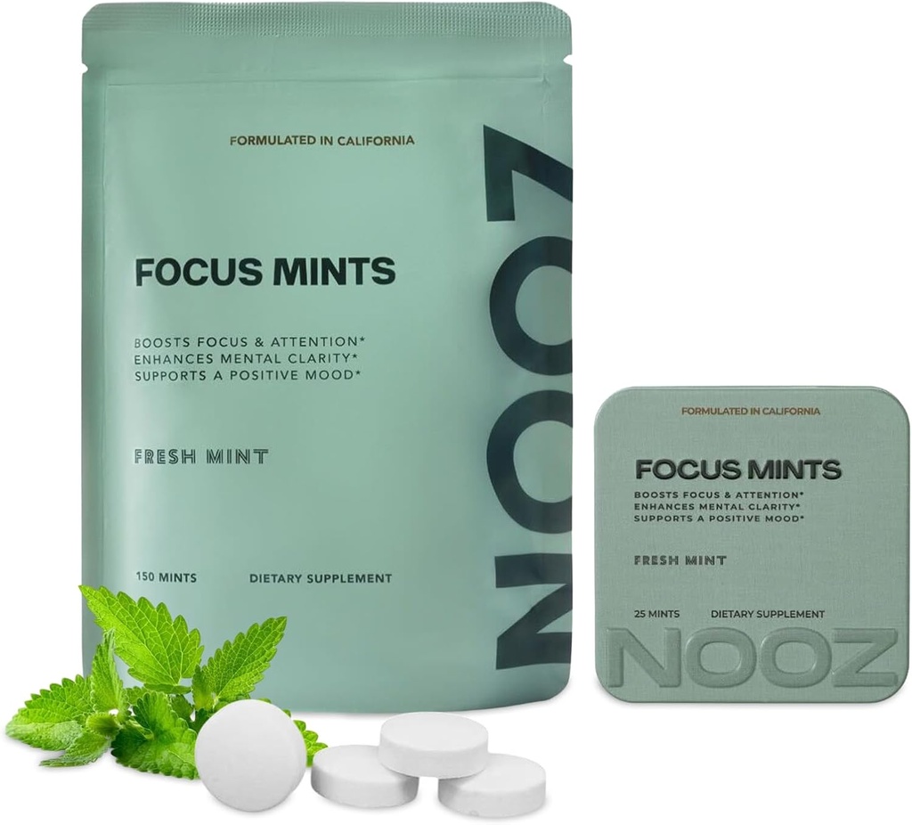 NOOZ Focus Mints Refill Bag - Caffeine-Free Brain Booster for Mental Clarity - Fresh Mint Flavor ← Sugar-Free, Travel-Friendly Supplement with Vitamins C, B6, B12 - Non-GMO, Clean Label, 150 Mints