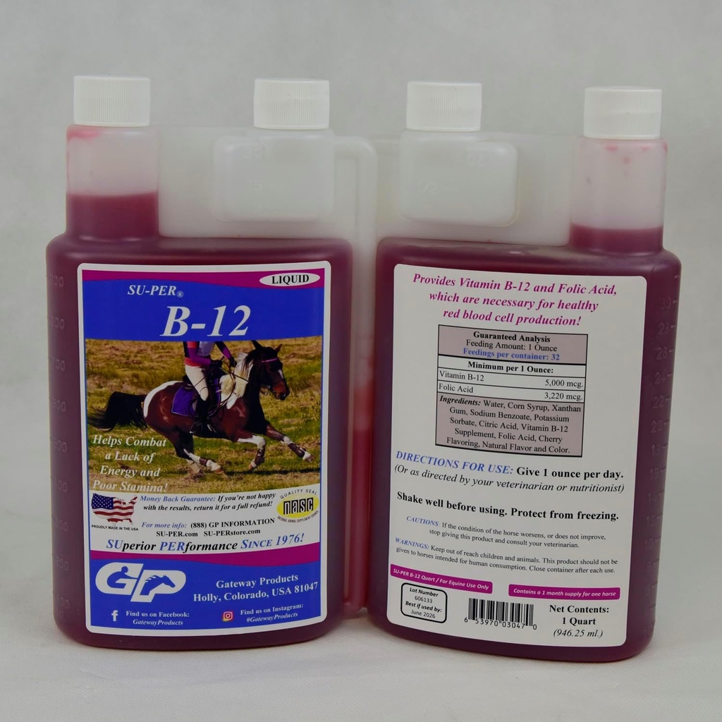 SU-PER B-12 Energy Horse Supplement - Equine Vitamins B-12 & B-9 Folic Acid Support Liquid - Red Blood Cell Production & Stamina Support for Peak Performance - Quart, (2 Pack)