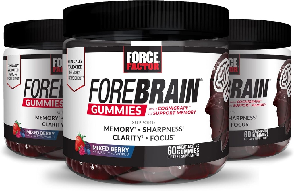 FORCE FACTOR Forebrain Gummies, 3-Pack, Nootropic Brain Support Supplement for Memory & Focus, Brain Vitamin with COGNIGRAPE " Huperzine A, Focus Gummies to Support Recall & Sharpness, 180 Gummies