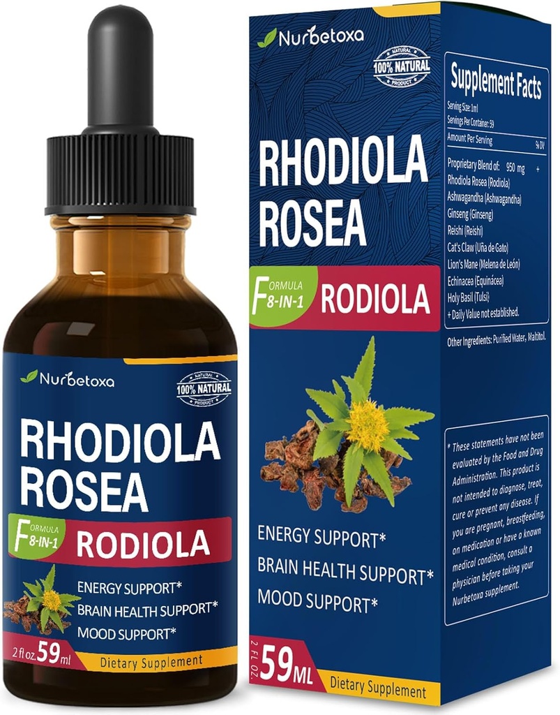 Rhodiola Rosea (Rodiola) Extract Drops, Natural Adaptogen Supplement/W Ashwagandha, Ginseng, Holy Basil, " Echinacea for Energy, Brain Health, Immunty " Mood Support. 2oz