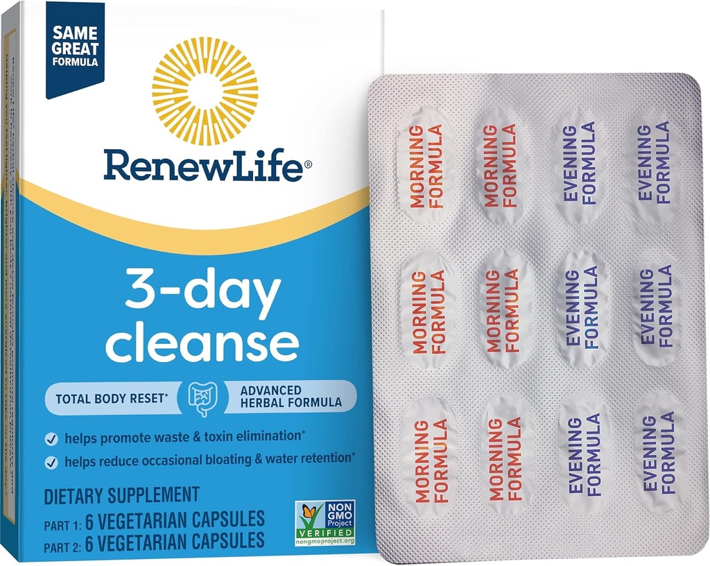 yhn Total Body Reset Adulto 3-Day Cleanse Suplemento, un 12-Count Box of Vegetarian Capsules of Renew Life 3-Day Cleanse Total Body,12 Conde