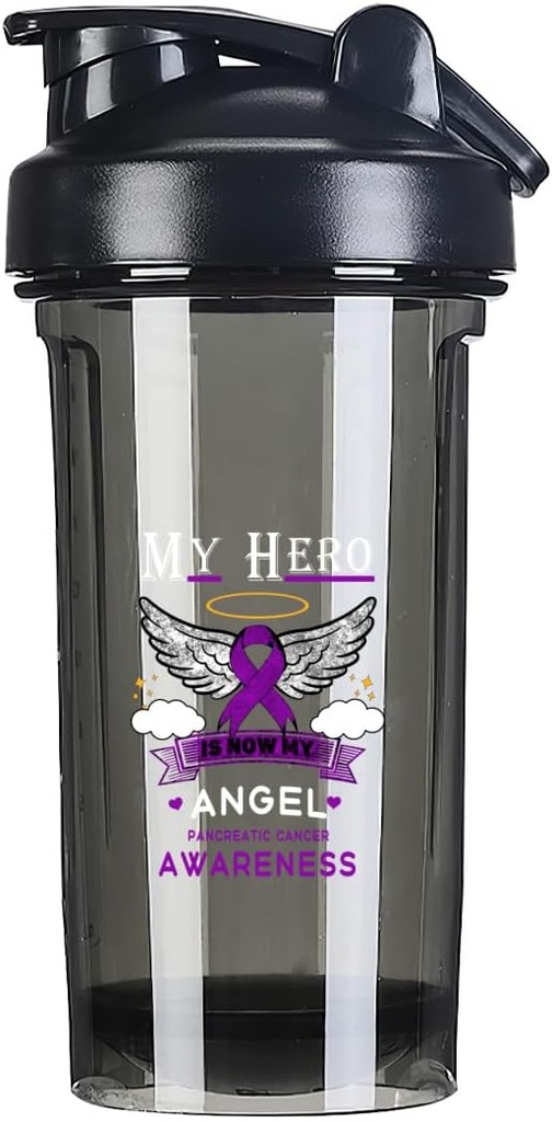 My Hero is now My Angel Pancreatic Cancer 18 onnce Shaker Bottle Drink Mixer Leak-proof Pre Workout Protein Shakes Meal Replacement Shakes Bottles 500ML/18 Oz Black