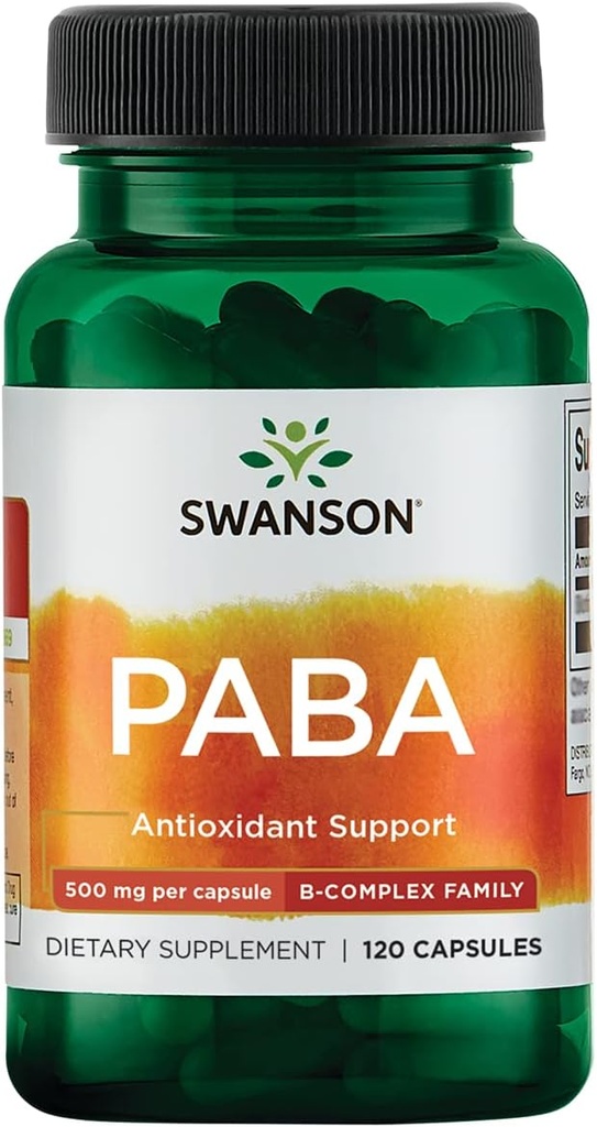 Swanson PABA - Complejo potente B Apoyo a la formación de células rojas de sangre - Folic Acid Component Aiding Supply Oxygen to Cells and Skin Health Support - (120 cápsulas, 500 mg cada uno)