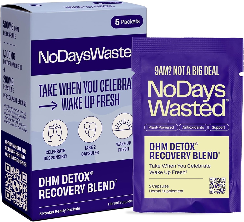 No Days Wasted DHM Detox 5 Portable Servings - Optimized Blend of DHM (Suplemento de Dihidromyricetina) y Vitaminas a tomar durante la noche para mejorar el próximo día y la recuperación
