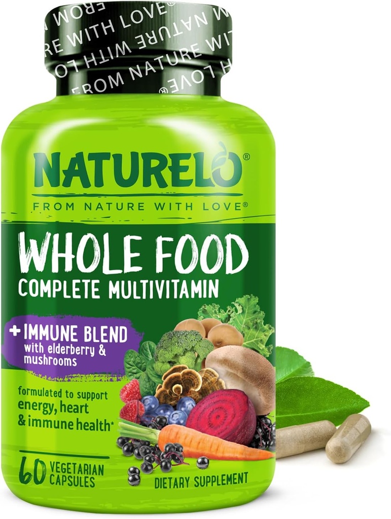 NATURELO Alimento completo Multivitamina + Immune Blend con elderberry &amp; Mushrooms - Multivitamínico completo con soporte extra inmunitario - C, D3, Zinc, Elderberry, Reishi, Shitake - 60 cápsulas Vegan
