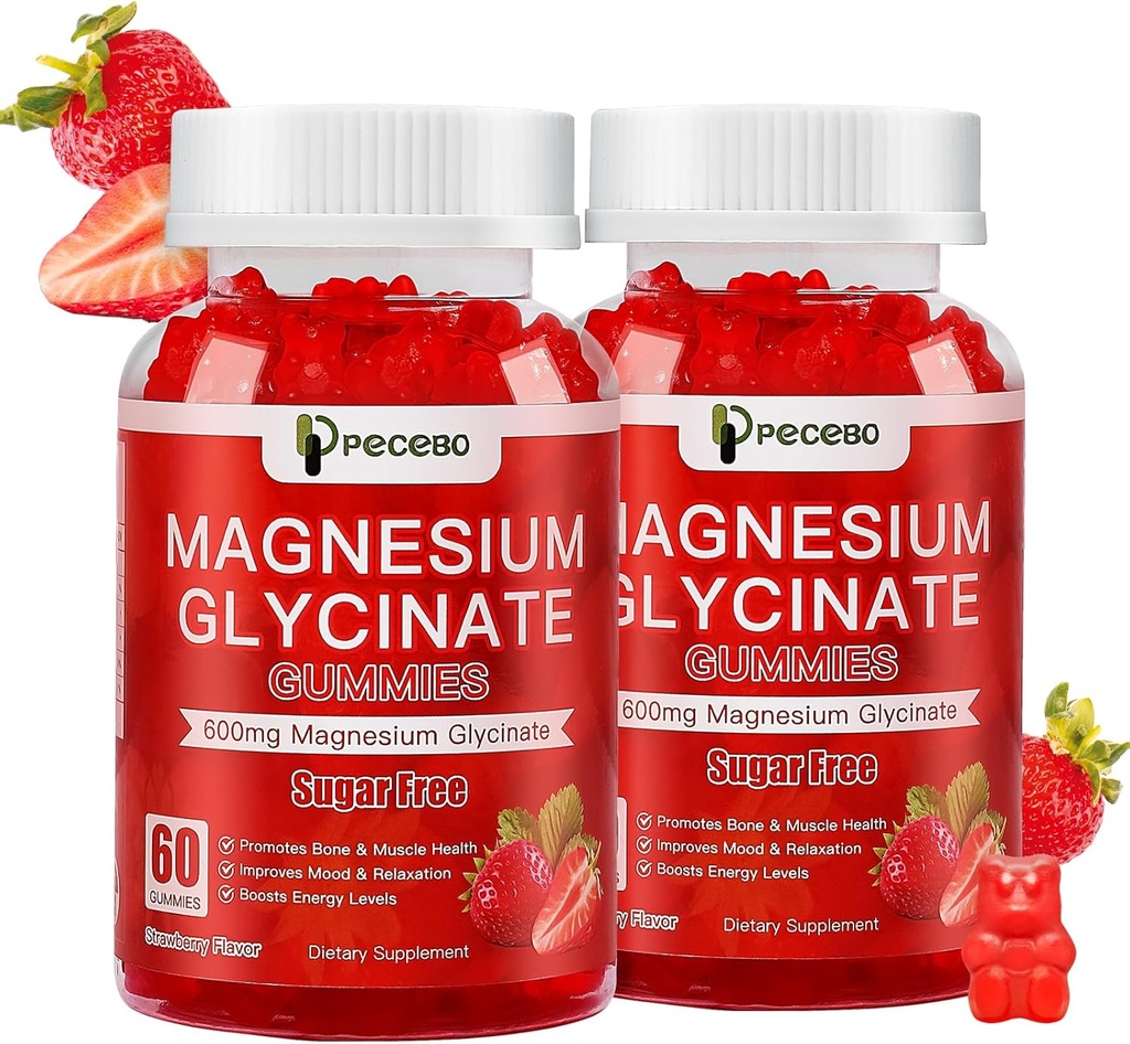 Magnesio Glycinate Gummies 600mg, Azúcar Gummies de Magnesio Gratuito para Adultos, Suplemento de Magnesio de Fresa para el Alivio del Musculo " Nerve Health, Non-GMO, Gluten Free, Vegan, 120 Condes
