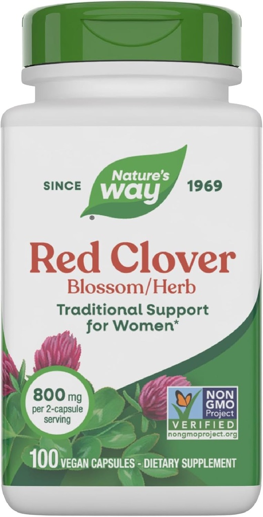 Manera de la naturaleza Red Clover Blossom Herb, Apoyo de Salud Tradicional para Mujeres*, 800 mg por 2-Capsula Serving, Proyecto No-GMO Verificado, Suplemento Red Clover, 100 cápsulas Vegan (Paquete May Vary)