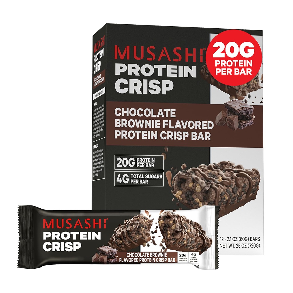 MUSASHI Protein Crisp Bar, 20g Protein, 4g Total Azúcares, Chocolate Brownie, Post Workout y Snack On The Go, 12 Pack de 2.1oz (60g) Bares