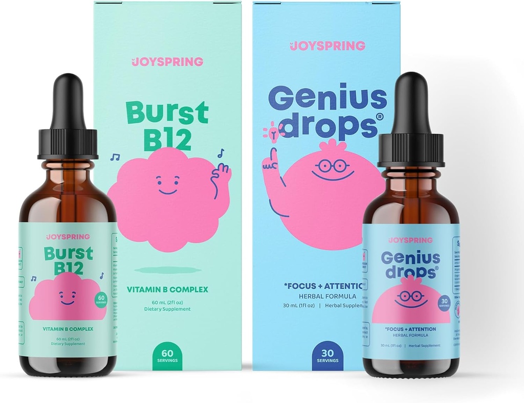 JoySpring Liquid B Complex y Genius Focus Drops para niños
