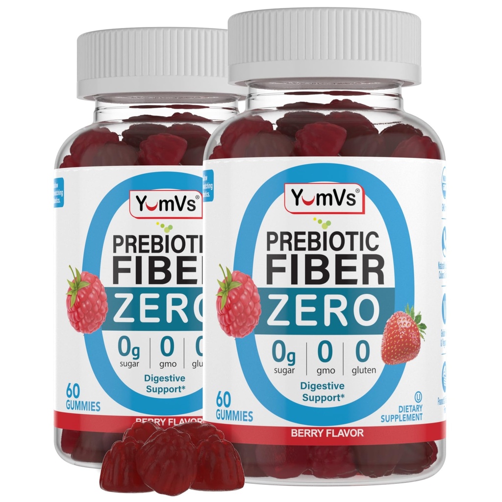 YumVs Sugar Free Prebiotic Fiber Gummies for Adults and Kids - Berry Flavor - Kosher Halal 4g High Fiber Supplement for Women and Men - Daily Fiber for Digestive Health (60 Count, 2PK)
