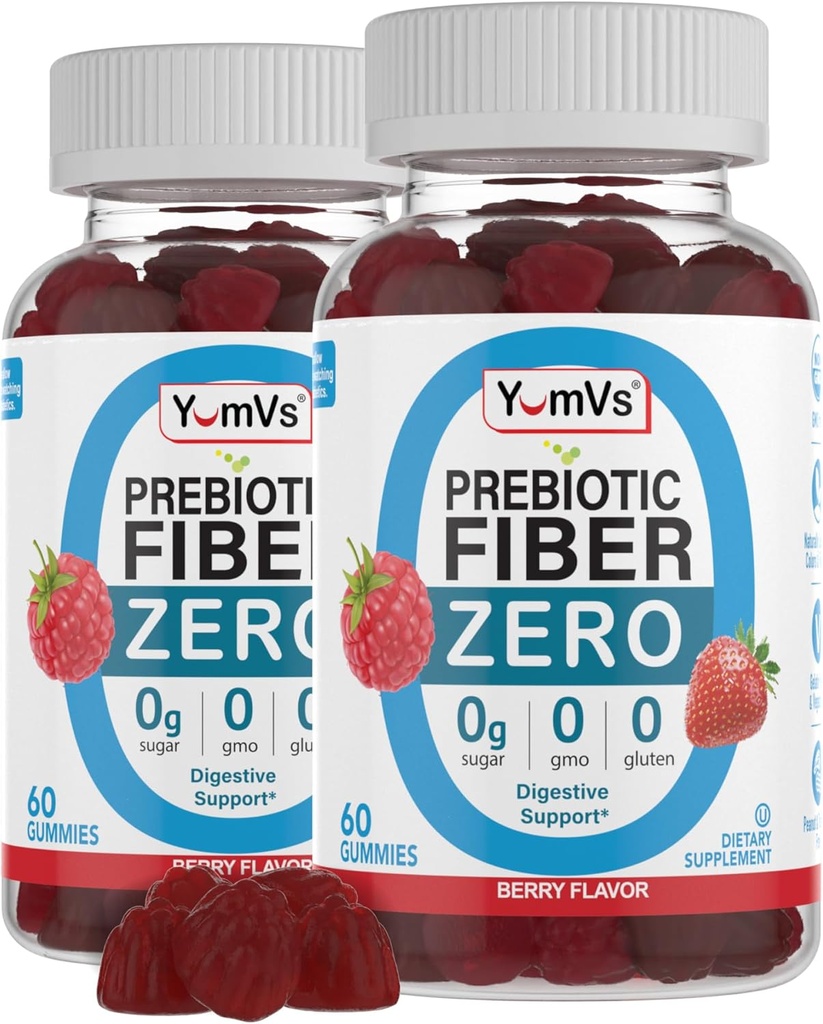 YumVs Sugar Free Prebiotic Fiber Gummies for Adults and Kids - Berry Flavor - Kosher Halal 4g High Fiber Supplement for Women and Men - Daily Fiber for Digestive Health (60 Count, 2PK)