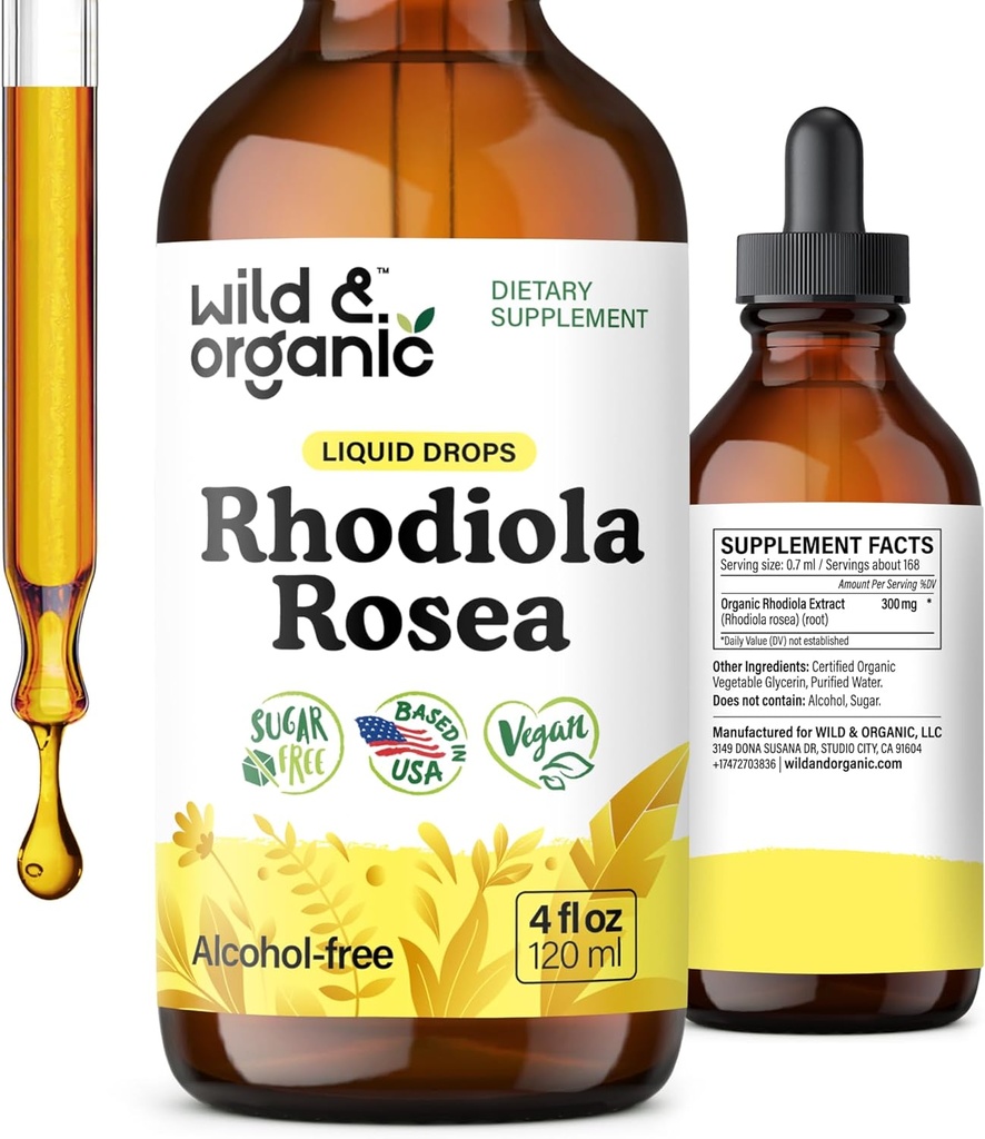 Wild &amp; Organic Rhodiola Rosea Tincture - Rhodiola Rosea Suplemento para Mood Support - Relajando las gotas líquidas - Vegan, Azúcar &amp; Sin alcohol - 4 fl oz