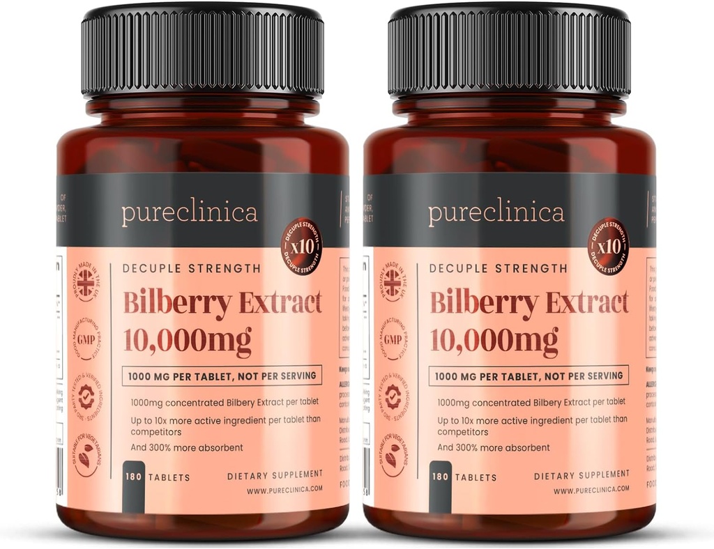 Purclinica Bilberry Extract 10,000mg x 360 Tablets (2 Botellas) - 10 X Más Anthocyanidins por Tablet Than Most Other - y 5mg Black Pepper Extracto para 300% Aumento de Absorción