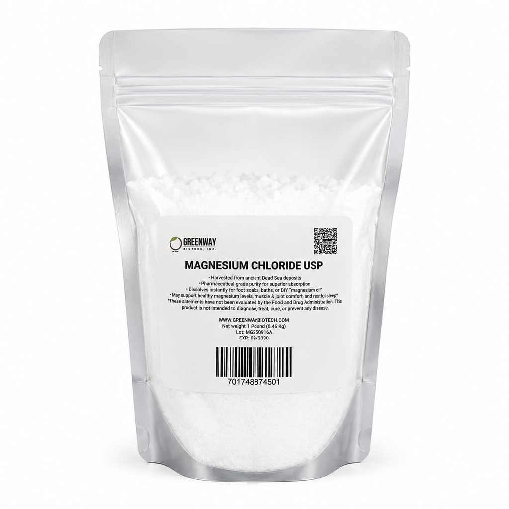 Greenway Biotech, Inc. Organic Magnesium Chloride USP Supplement 100% Edible Cloruro de Magnesio Comestible Powder (Pharmaceutical Grade) TEN Pure Ph. EUR., BP, USP TEN 1 Pound